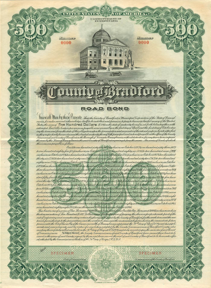 County of Bradford - 1920 dated $500 Specimen Road Bond